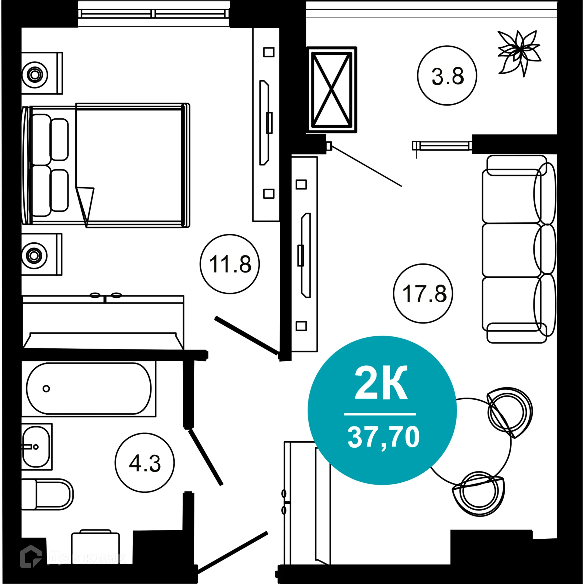 Планировка 2-комнатной квартиры 37.7 м² в ЖК Гостиничный комплекс "Нескучный сад", г. Сочи — фото 1