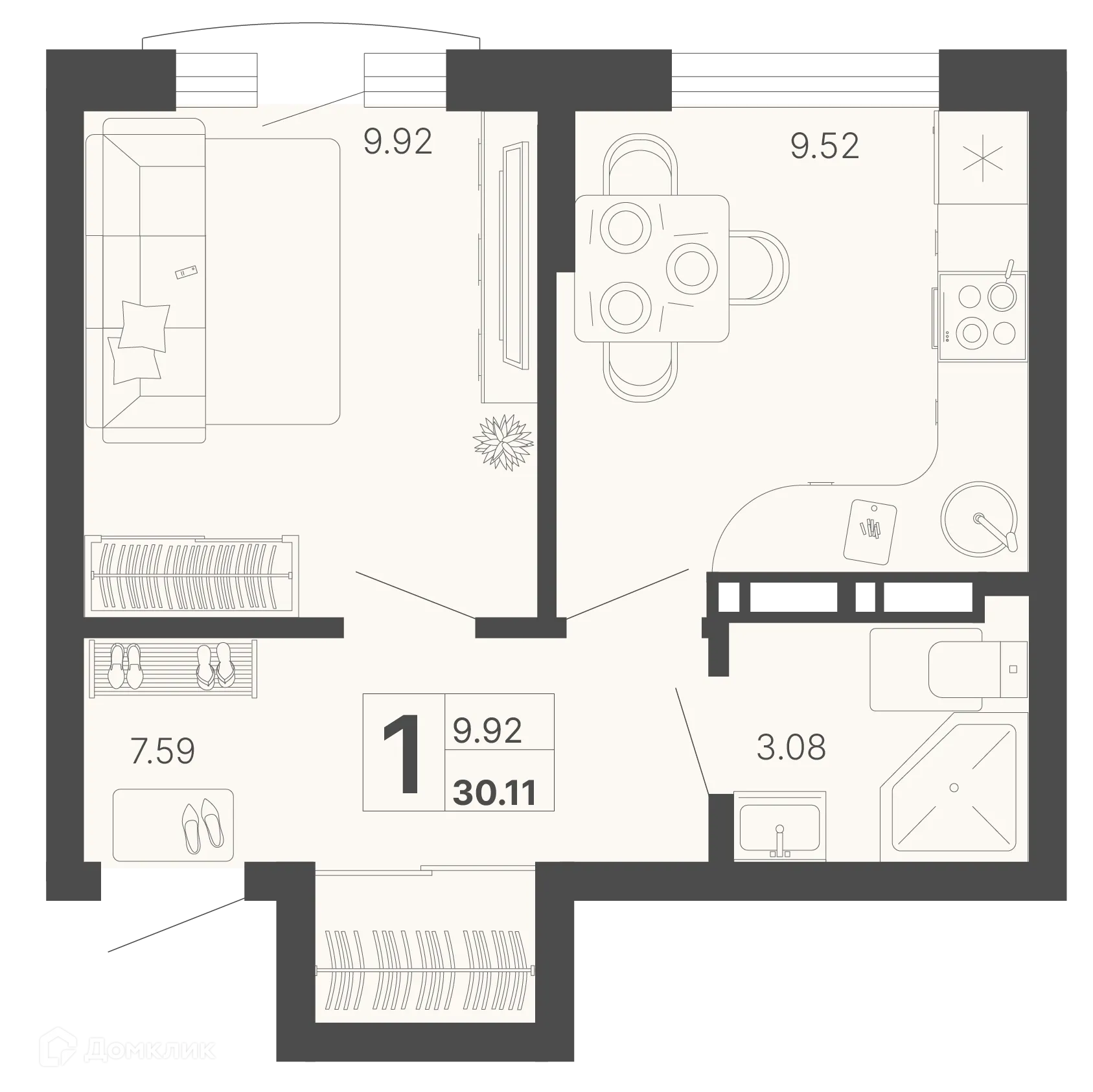 Планировка 1-комнатной квартиры 30.11 м² в ЖК Светский лес, г. Сочи — фото 1