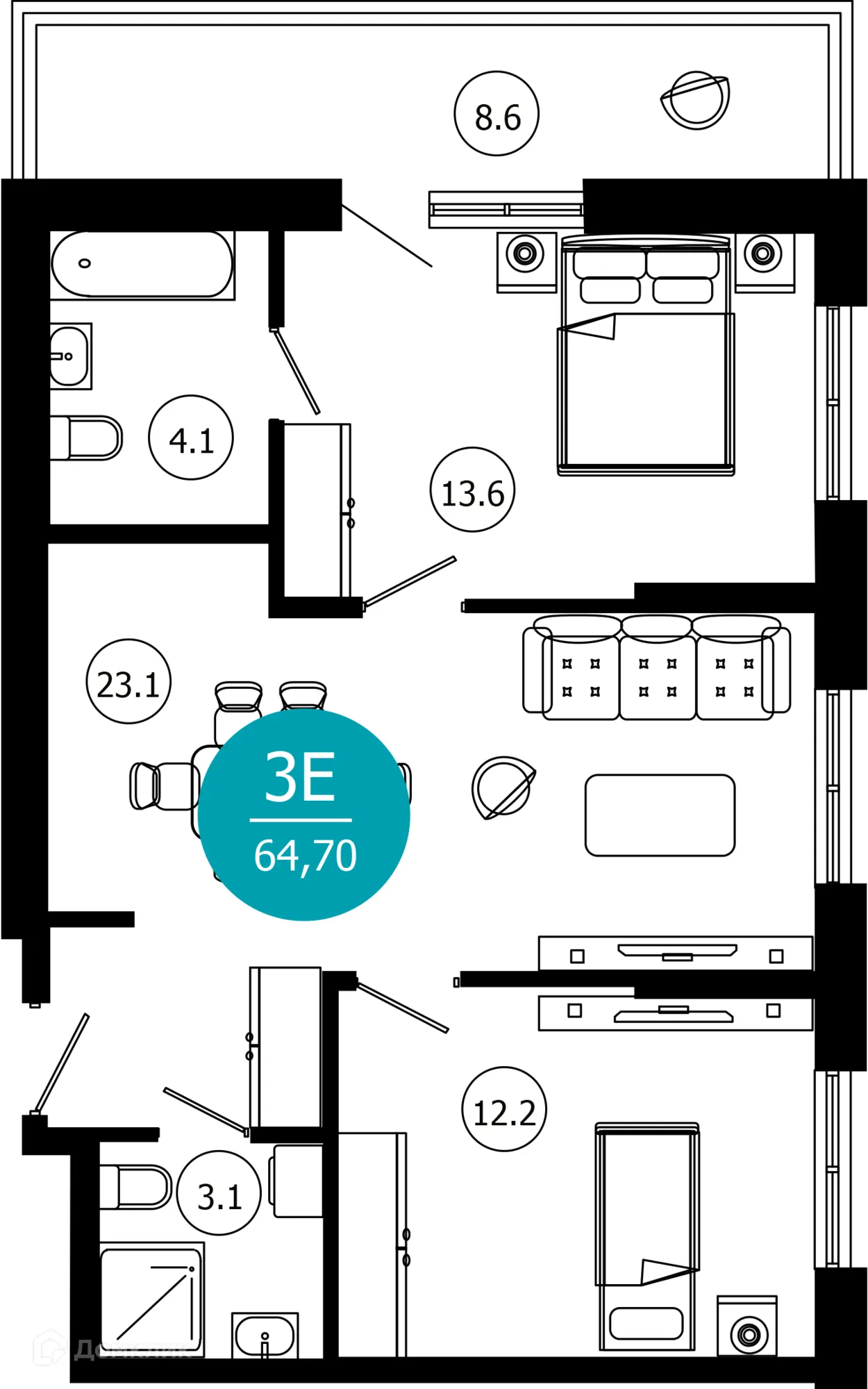 Планировка 3-комнатной квартиры 64.7 м² в ЖК Гостиничный комплекс "Нескучный сад", г. Сочи — фото 1