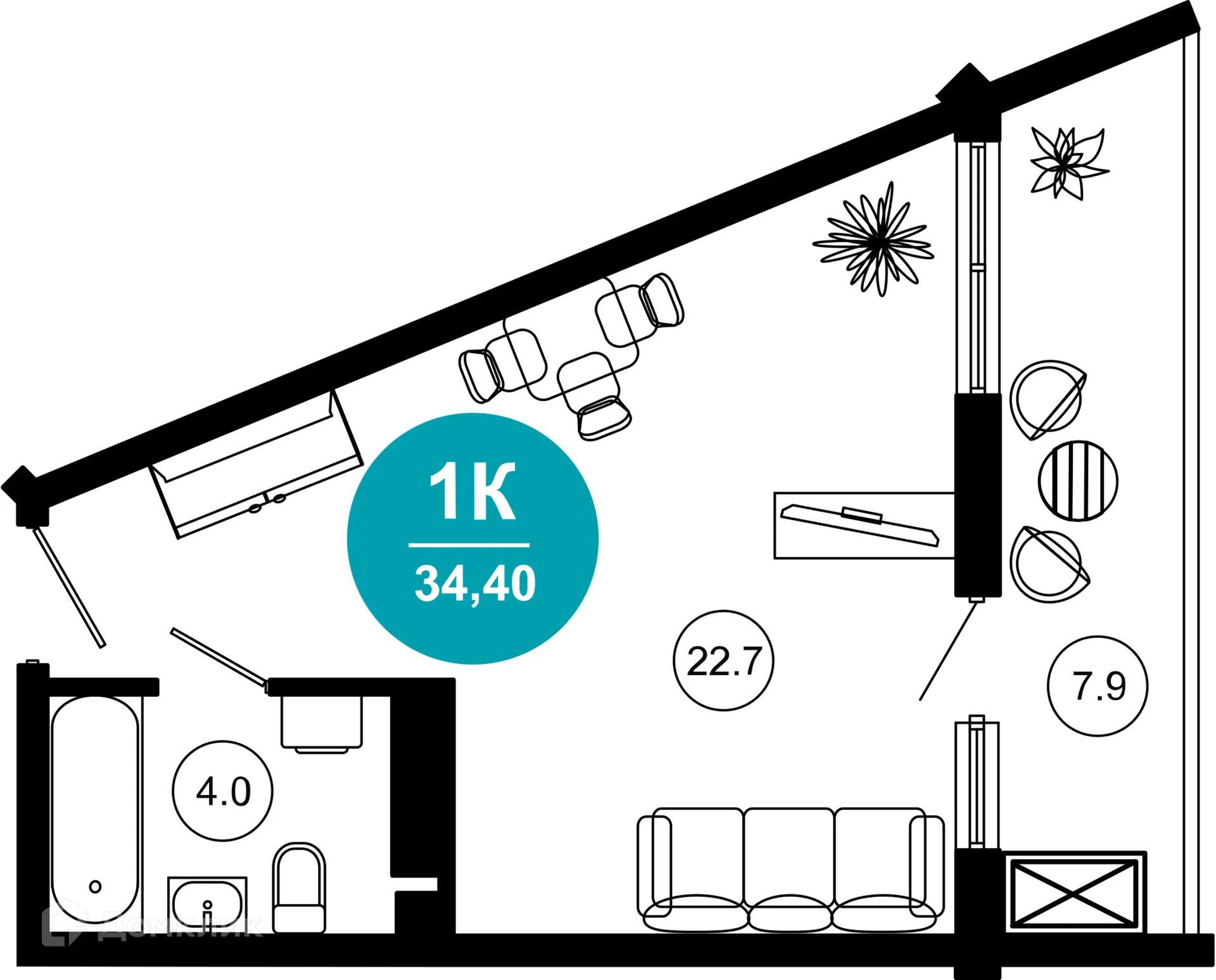 Планировка 1-комнатной квартиры 34.4 м² в ЖК Гостиничный комплекс "Нескучный сад", г. Сочи — фото 1