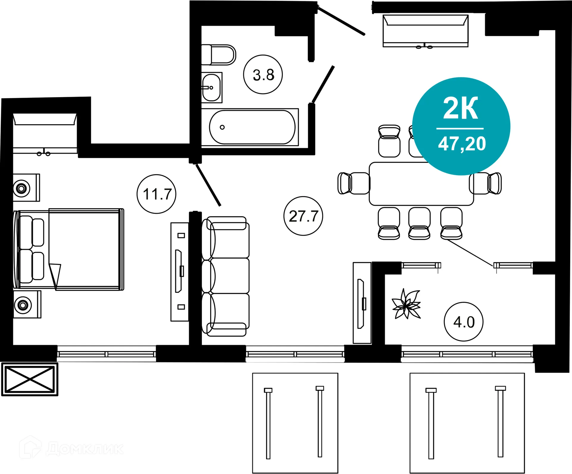 Планировка 2-комнатной квартиры 47.2 м² в ЖК Гостиничный комплекс "Нескучный сад", г. Сочи — фото 1