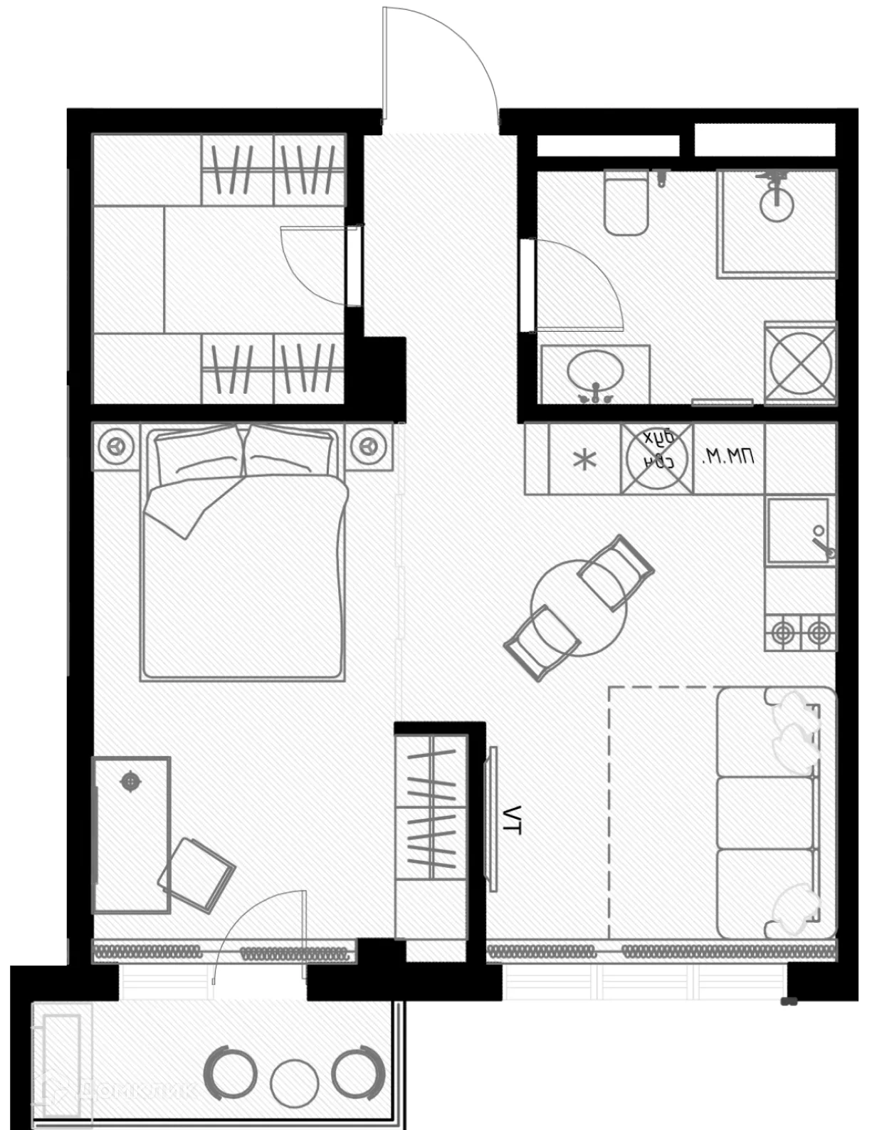 Планировка студии квартиры 44.5 м² в ЖК OLIVIA (ОЛИВИА), г. Сочи — фото 1