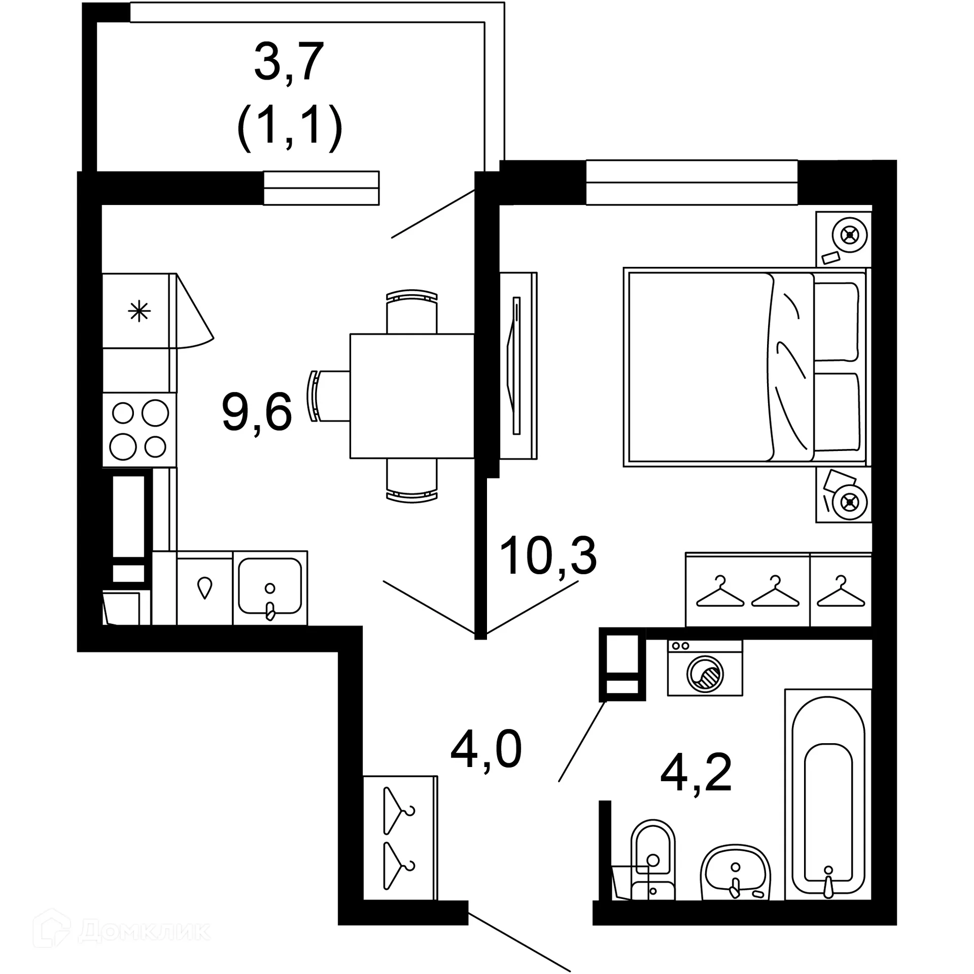 Планировка 1-комнатной квартиры 29.2 м² в ЖК Лестория, г. Сочи — фото 1