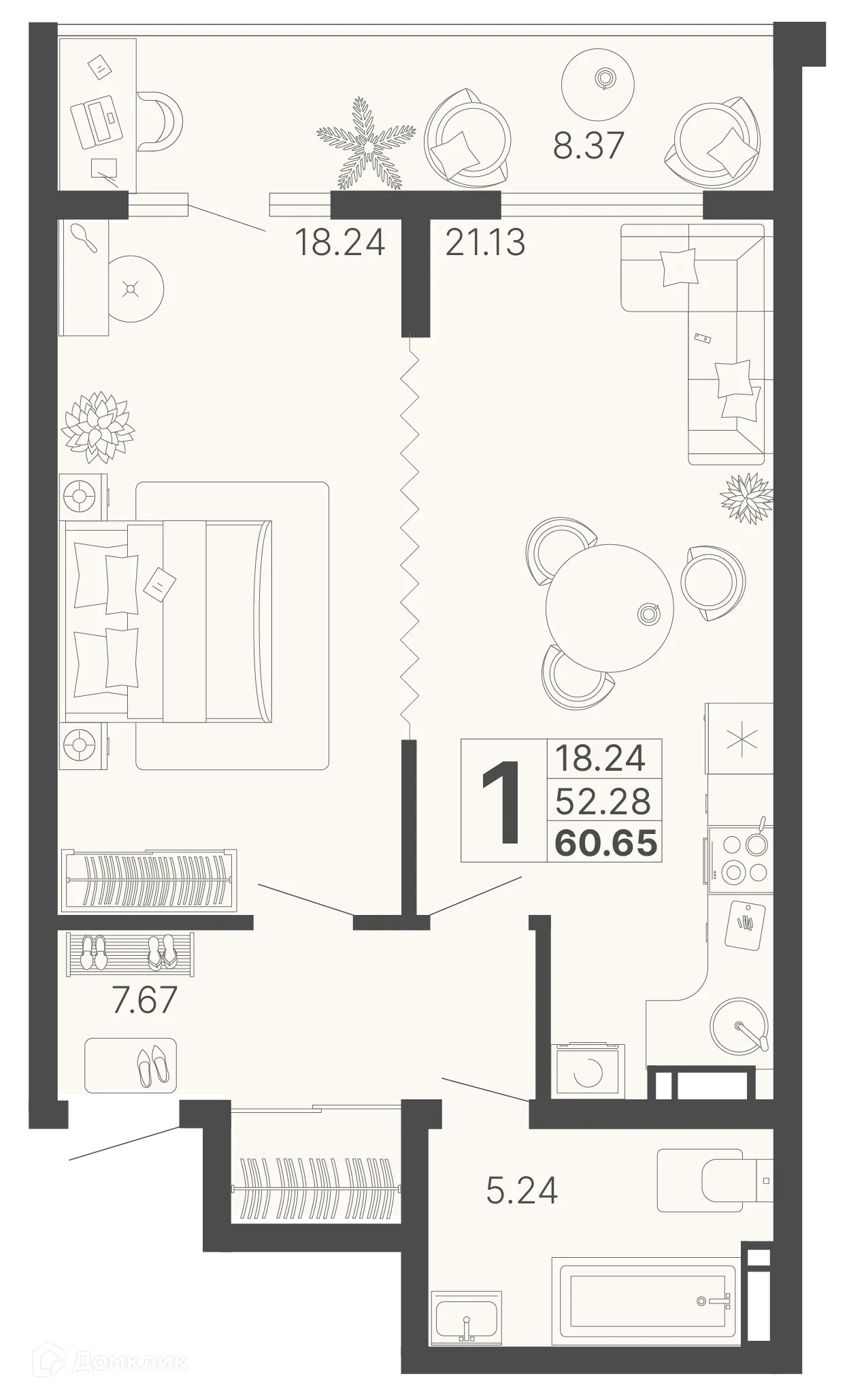 Планировка 1-комнатной квартиры 56.47 м² в ЖК Светский лес, г. Сочи — фото 1