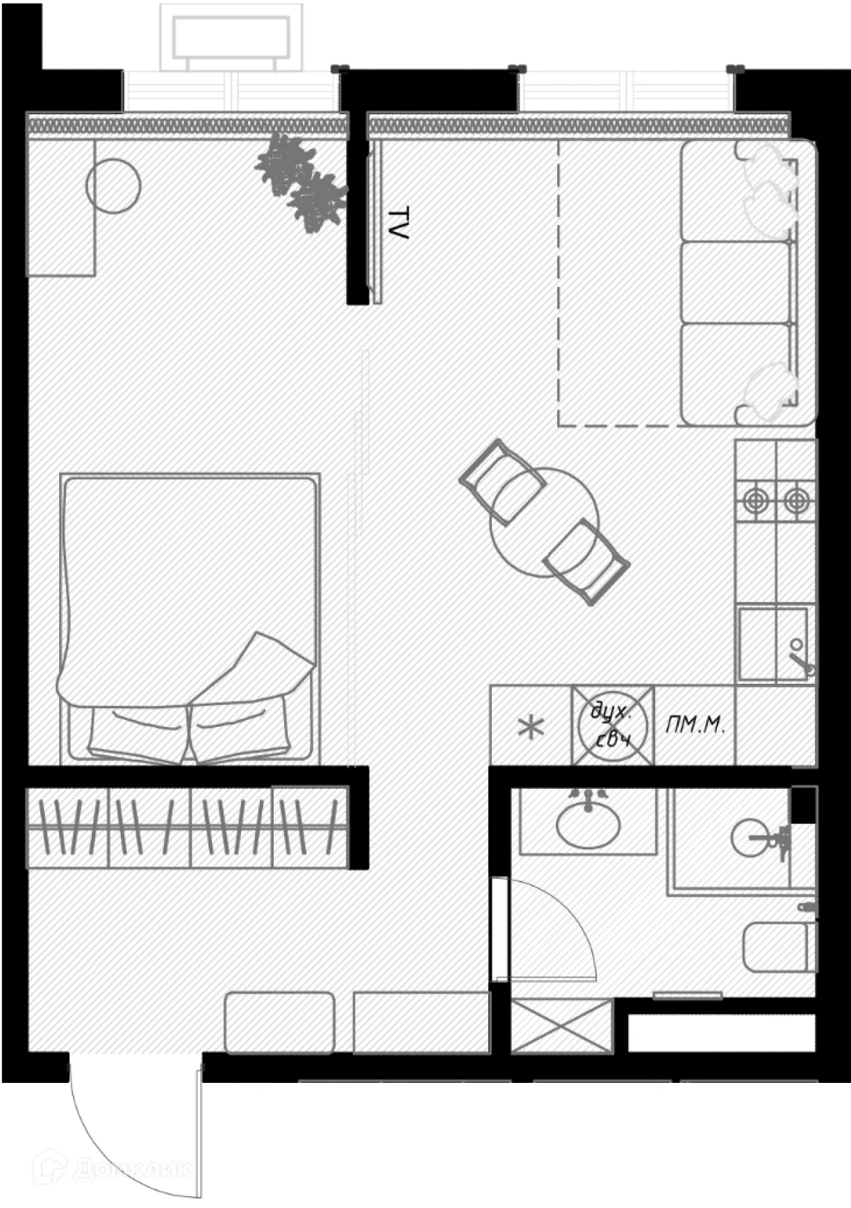 Планировка студии квартиры 38.7 м² в ЖК OLIVIA (ОЛИВИА), г. Сочи — фото 1