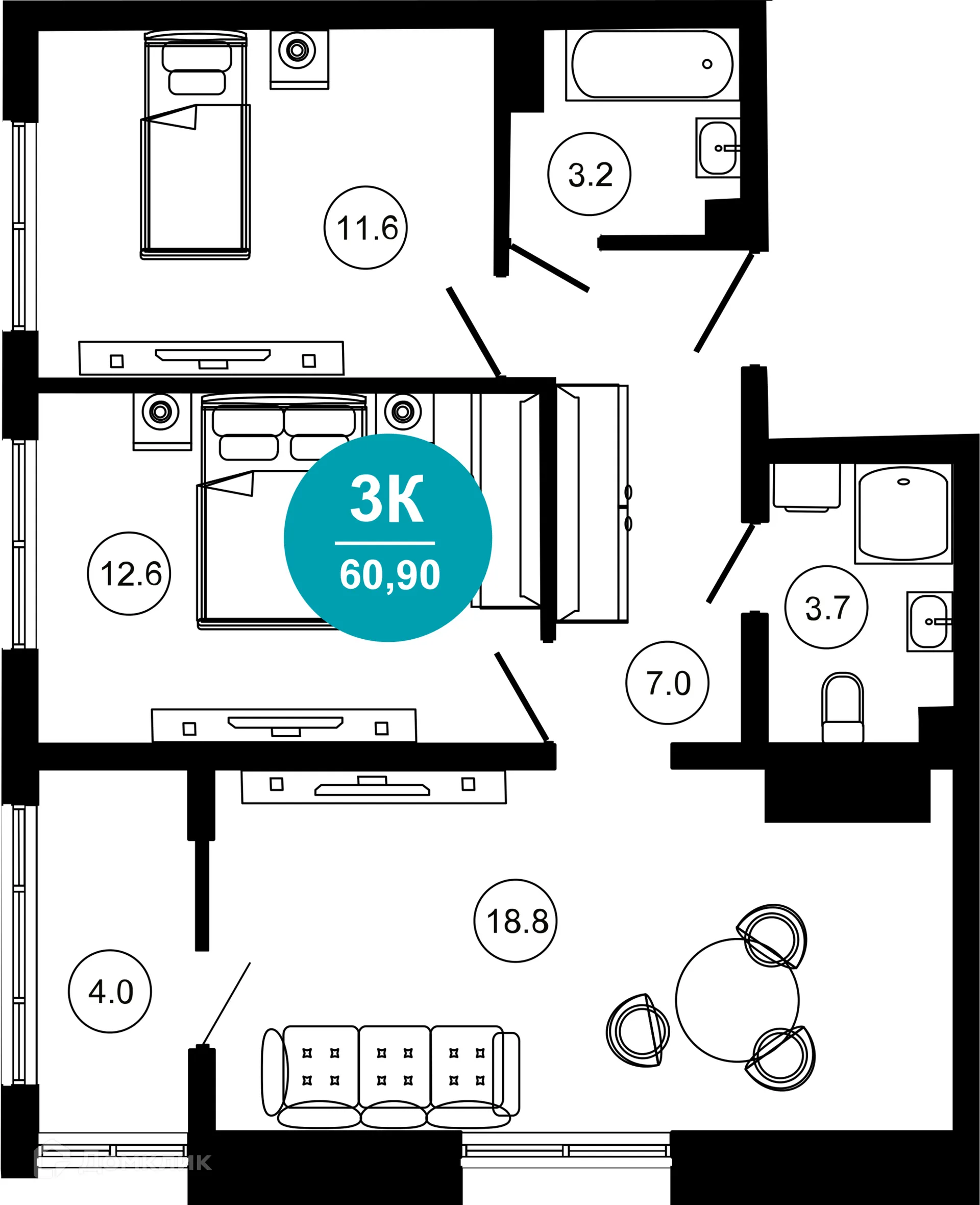 Планировка 3-комнатной квартиры 60.9 м² в ЖК Гостиничный комплекс "Нескучный сад", г. Сочи — фото 1