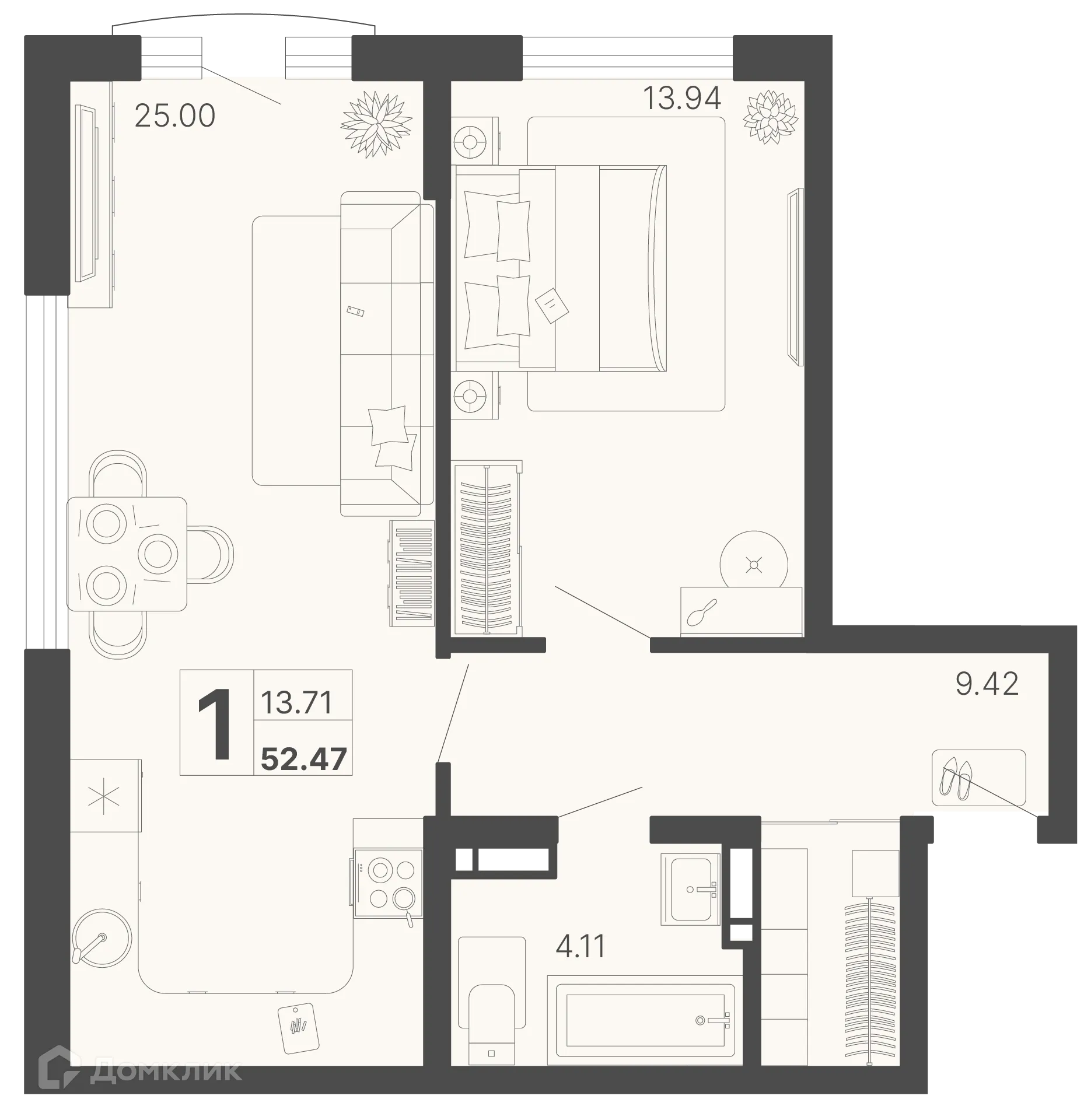 Планировка 1-комнатной квартиры 52.47 м² в ЖК Светский лес, г. Сочи — фото 1