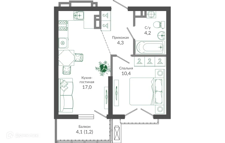 Планировка 1-комнатной квартиры 37.1 м² в ЖК ФЛОРА, г. Сочи — фото 1