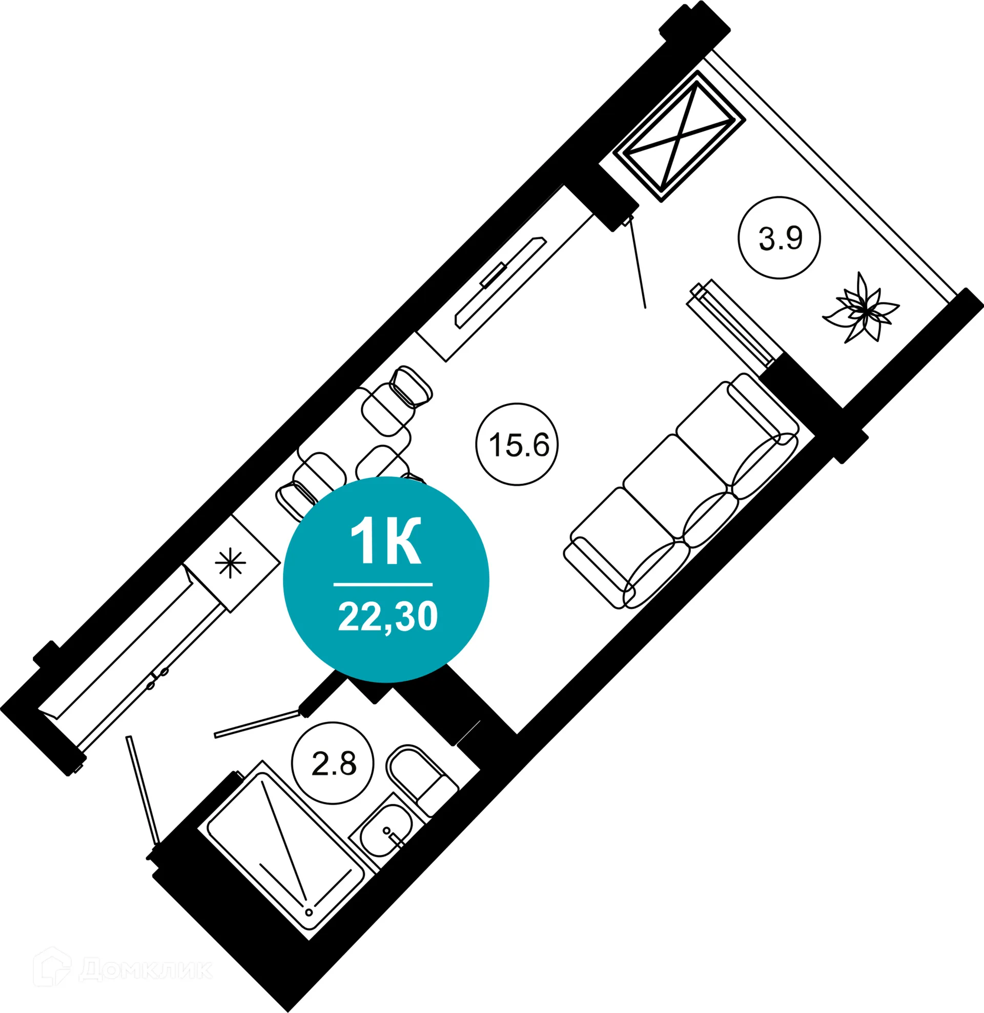 Планировка 1-комнатной квартиры 22.3 м² в ЖК Гостиничный комплекс "Нескучный сад", г. Сочи — фото 1