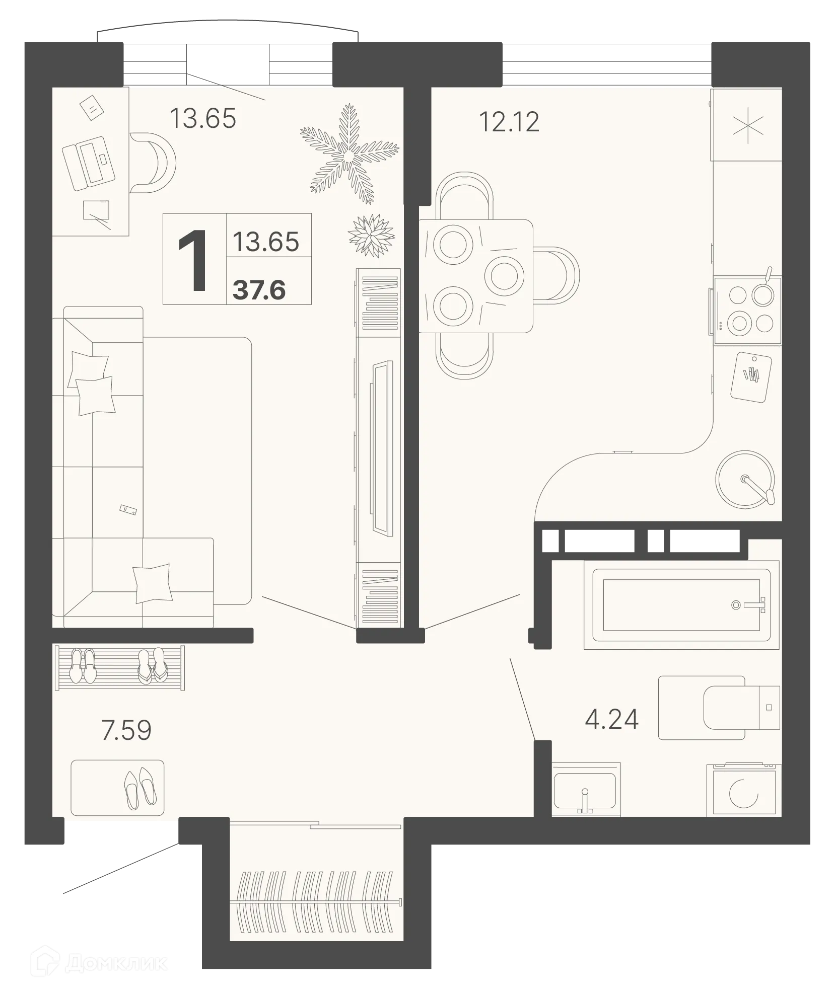 Планировка 1-комнатной квартиры 37.6 м² в ЖК Светский лес, г. Сочи — фото 1