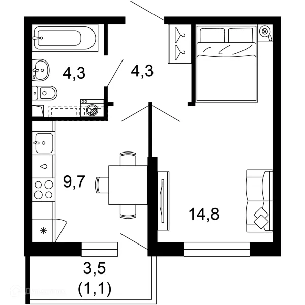 Планировка 1 комн. в ЖК Лестория