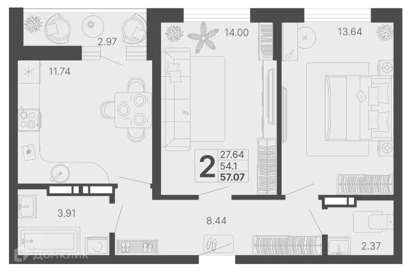 Планировка 2 комн. в ЖК Светский лес