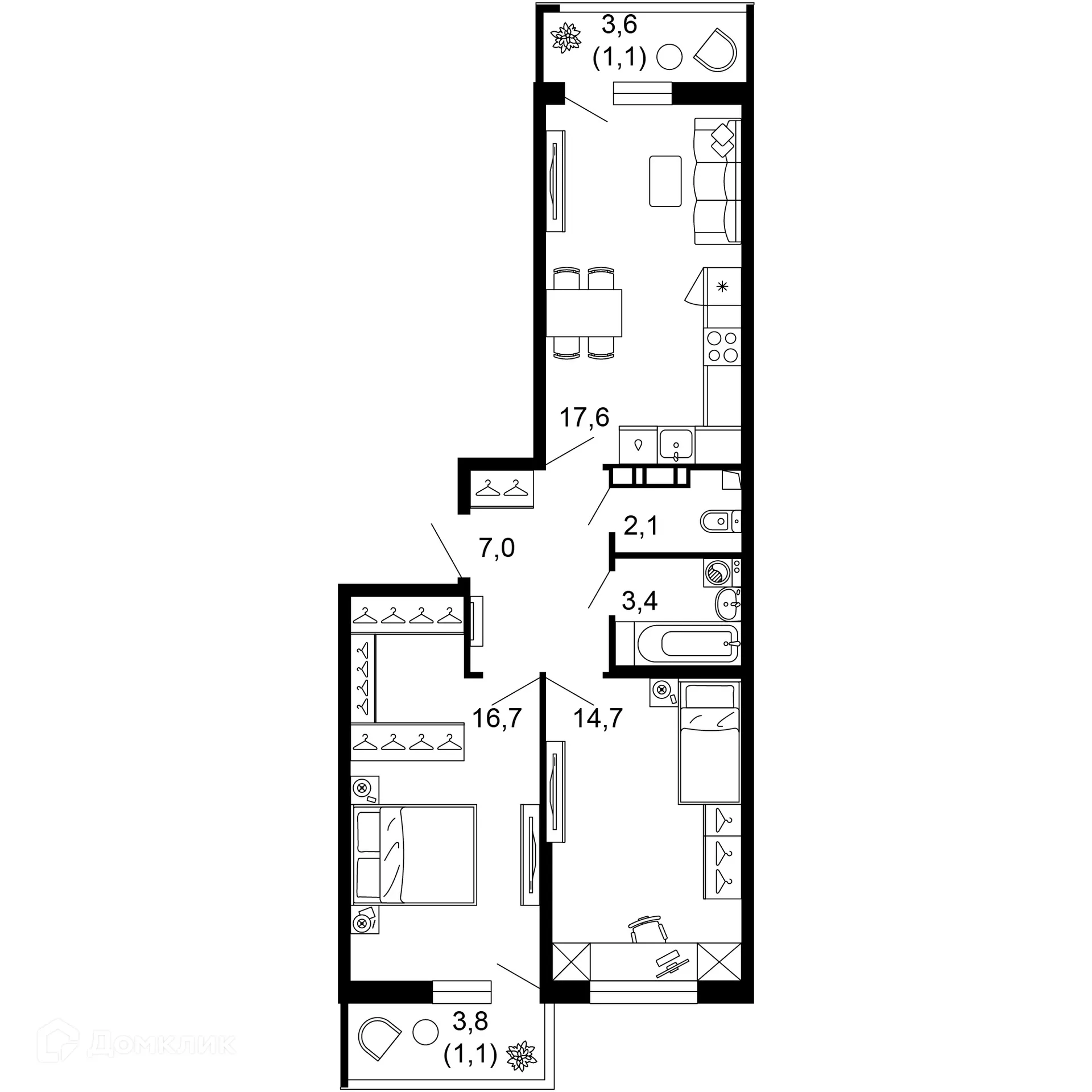 Планировка 2-комнатной квартиры 63.7 м² в ЖК ФЛОРА, г. Сочи — фото 1