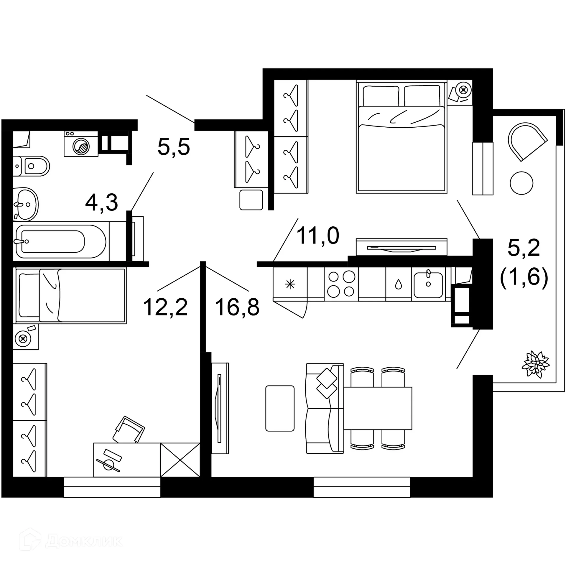Планировка 2-комнатной квартиры 51.4 м² в ЖК ФЛОРА, г. Сочи — фото 1