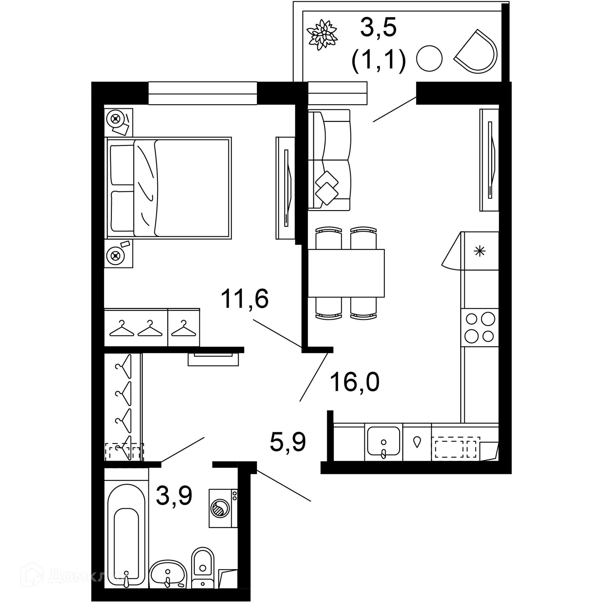 Планировка 1-комнатной квартиры 38.5 м² в ЖК ФЛОРА, г. Сочи — фото 1