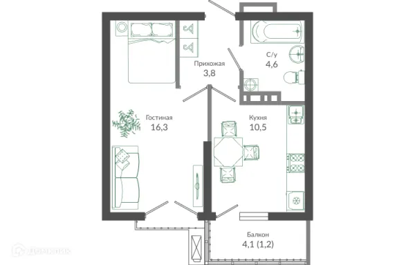Планировка 1 комн. в ЖК ФЛОРА