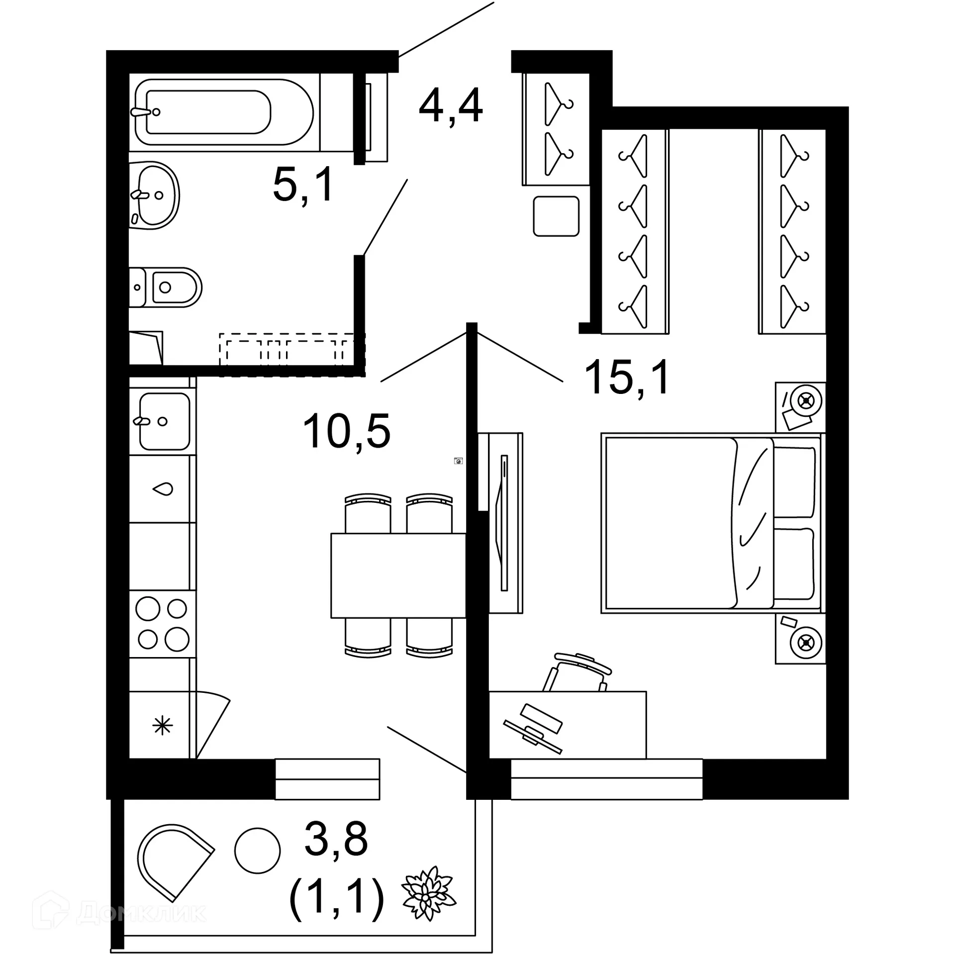 Планировка 1-комнатной квартиры 36.2 м² в ЖК ФЛОРА, г. Сочи — фото 1
