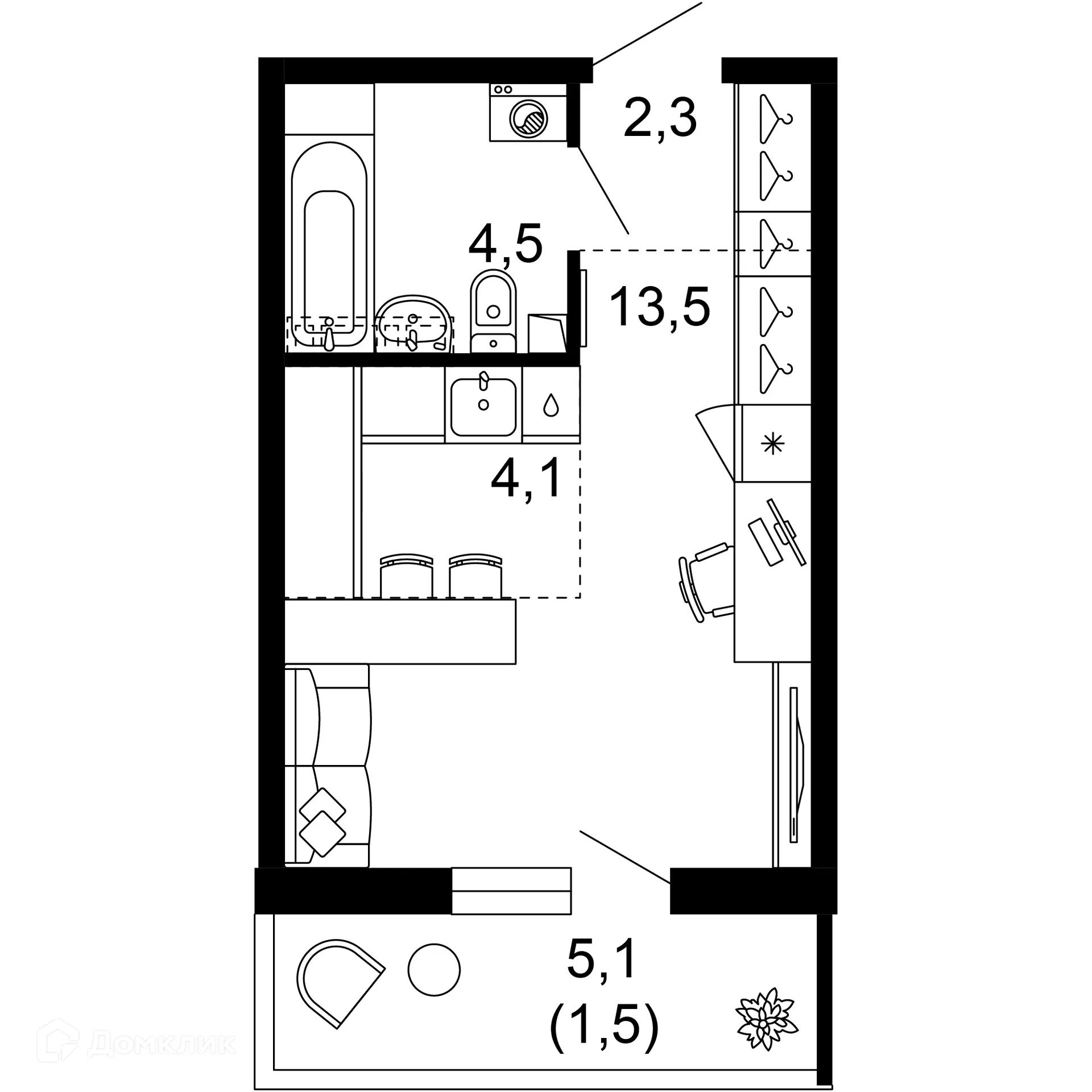 Планировка 1-комнатной квартиры 25.9 м² в ЖК ФЛОРА, г. Сочи — фото 1