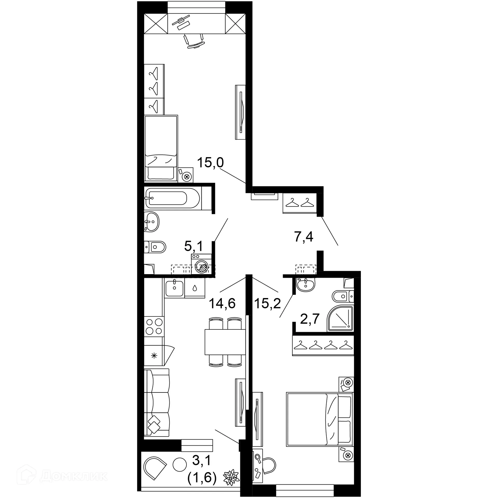 Планировка 2-комнатной квартиры 61.6 м² в ЖК ФЛОРА, г. Сочи — фото 1