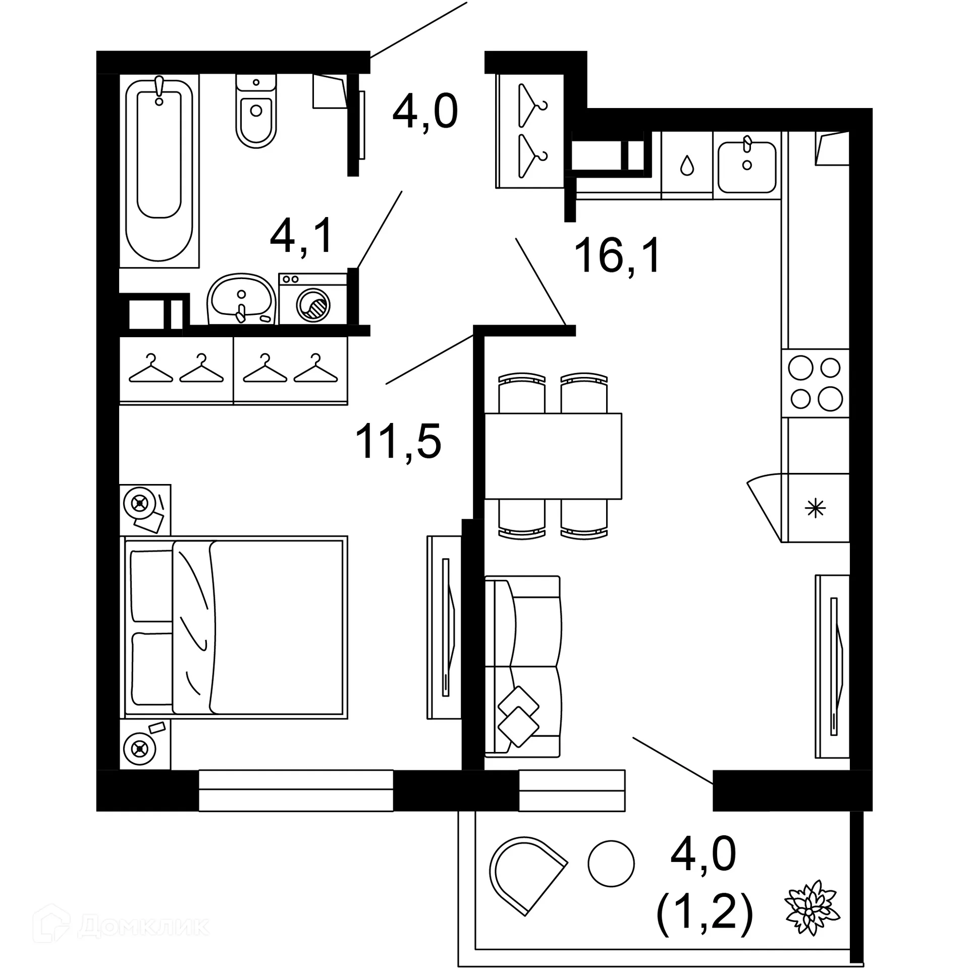 Планировка 1-комнатной квартиры 36.9 м² в ЖК ФЛОРА, г. Сочи — фото 1
