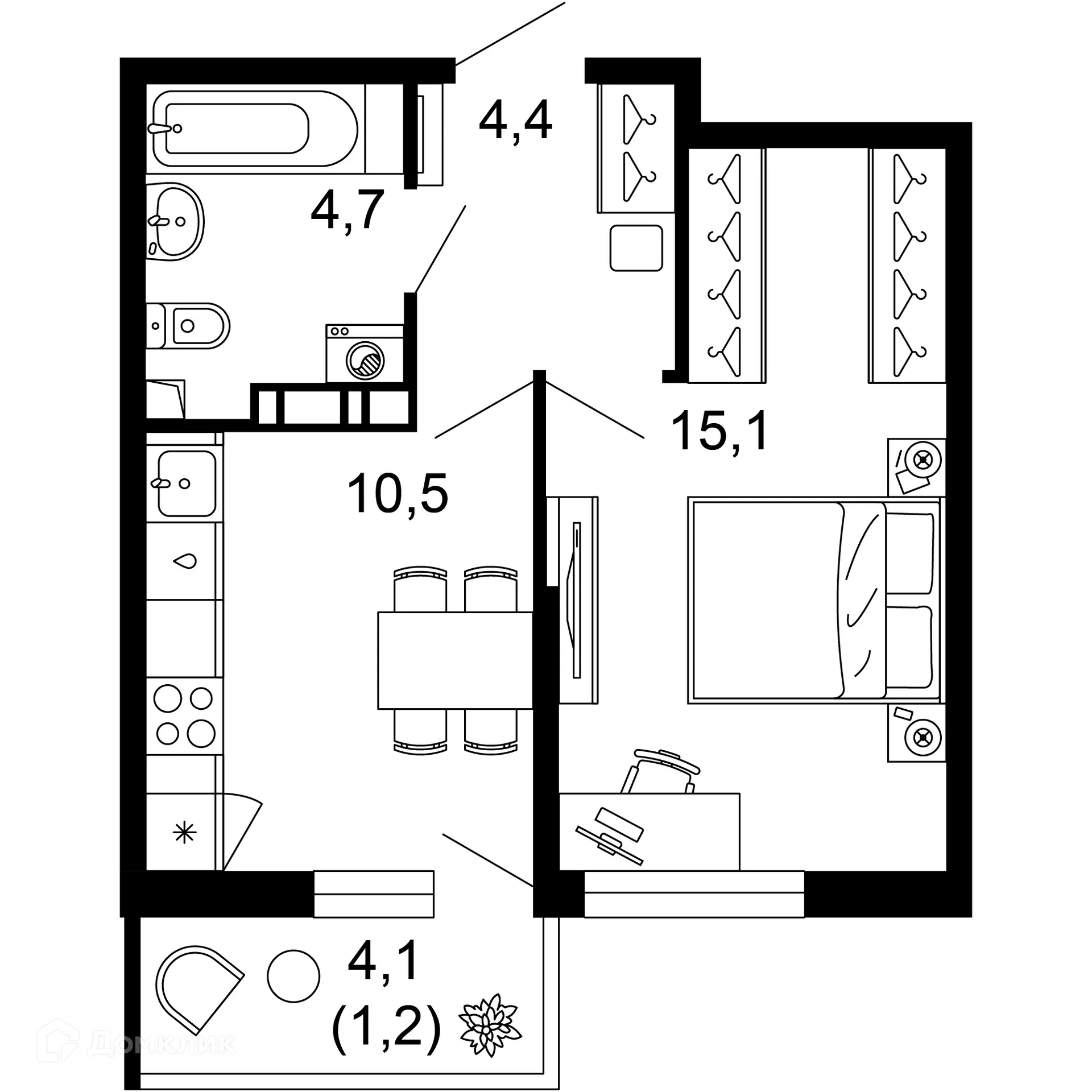 Планировка 1-комнатной квартиры 35.9 м² в ЖК ФЛОРА, г. Сочи — фото 1
