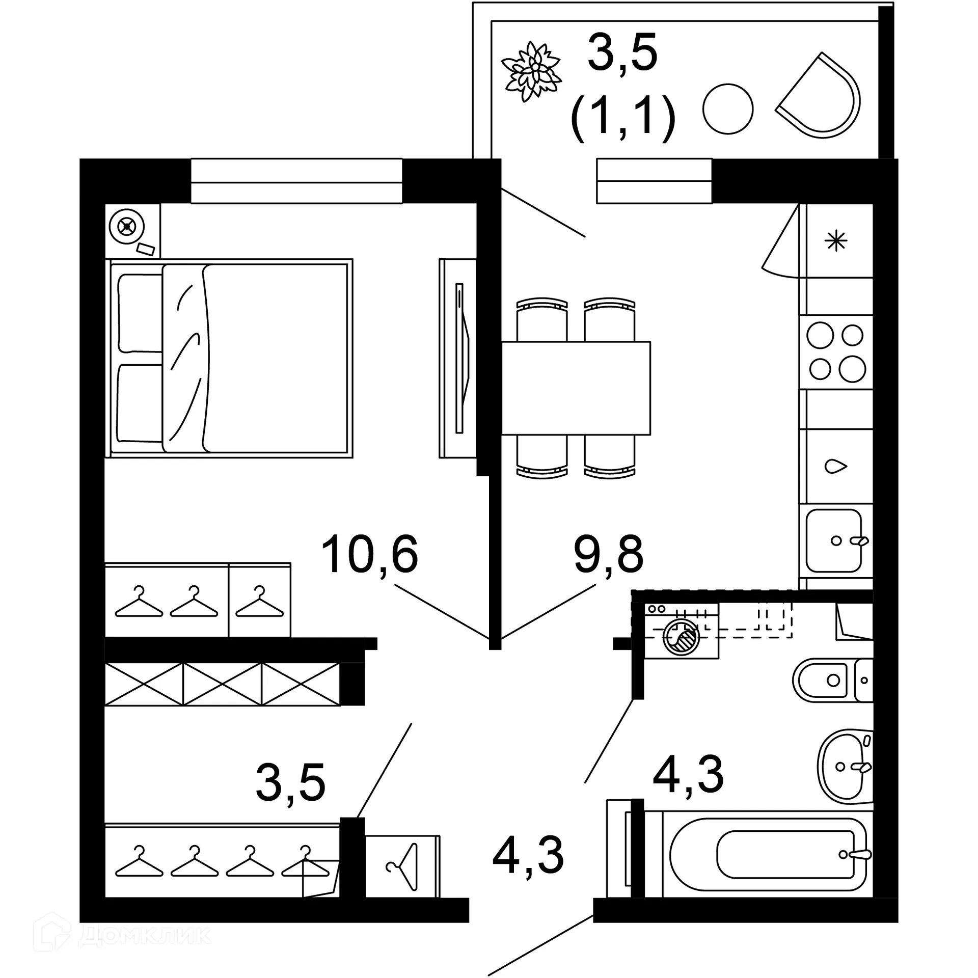 Планировка 1-комнатной квартиры 33.6 м² в ЖК ФЛОРА, г. Сочи — фото 1