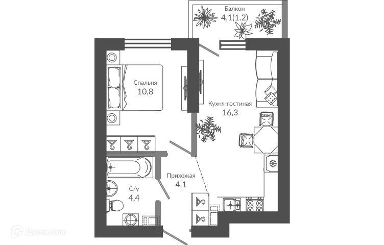Планировка 1-комнатной квартиры 36.8 м² в ЖК ФЛОРА, г. Сочи — фото 1
