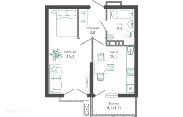 Планировка 1 комн. в ЖК ФЛОРА