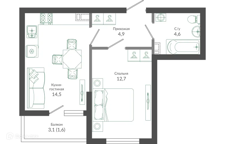Планировка 1-комнатной квартиры 38.6 м² в ЖК ФЛОРА, г. Сочи — фото 1
