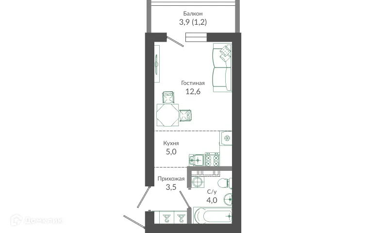 Планировка студии квартиры 26.3 м² в ЖК ФЛОРА, г. Сочи — фото 1
