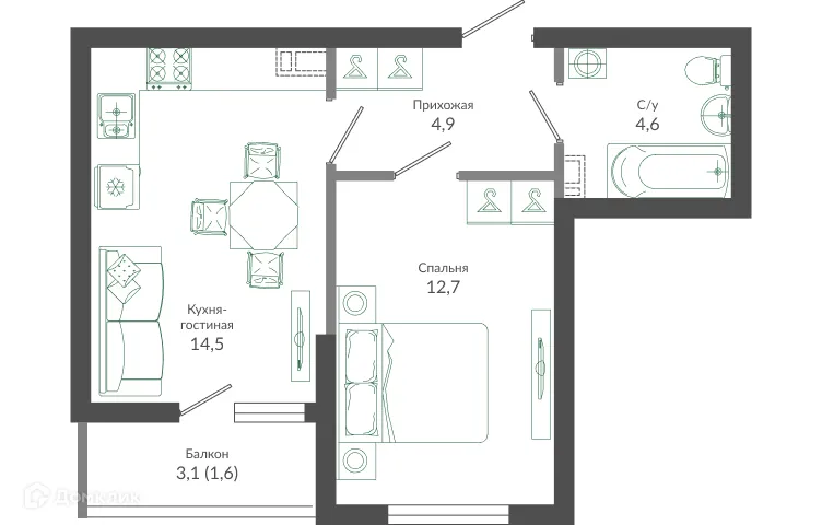 Планировка 1-комнатной квартиры 38.6 м² в ЖК ФЛОРА, г. Сочи — фото 1