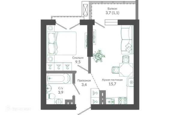 Планировка 1 комн. в ЖК ФЛОРА