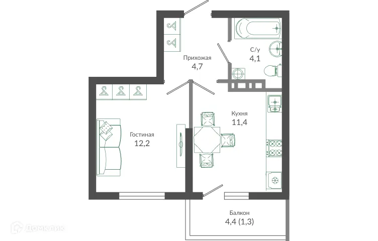 Планировка 1-комнатной квартиры 33.9 м² в ЖК ФЛОРА, г. Сочи — фото 1