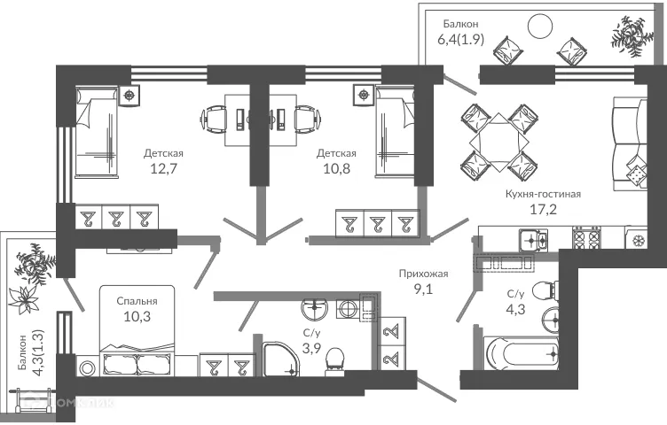 Планировка 3-комнатной квартиры 71.4 м² в ЖК ФЛОРА, г. Сочи — фото 1