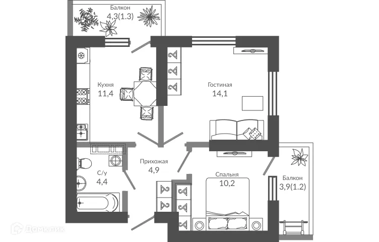 Планировка 2-комнатной квартиры 47.9 м² в ЖК ФЛОРА, г. Сочи — фото 1