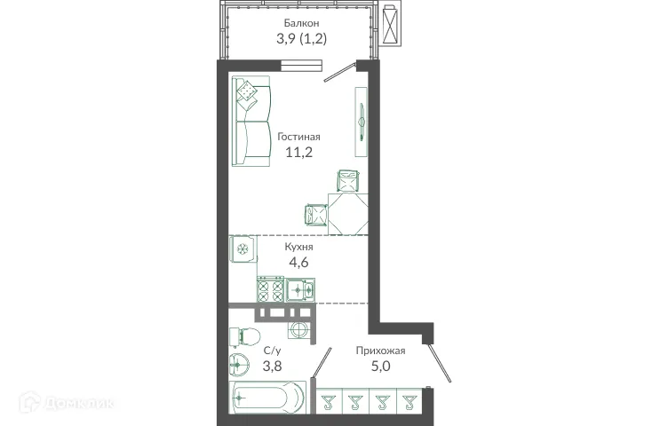 Планировка студии квартиры 25.7 м² в ЖК ФЛОРА, г. Сочи — фото 1