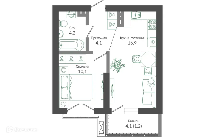 Планировка 1-комнатной квартиры 36.7 м² в ЖК ФЛОРА, г. Сочи — фото 1