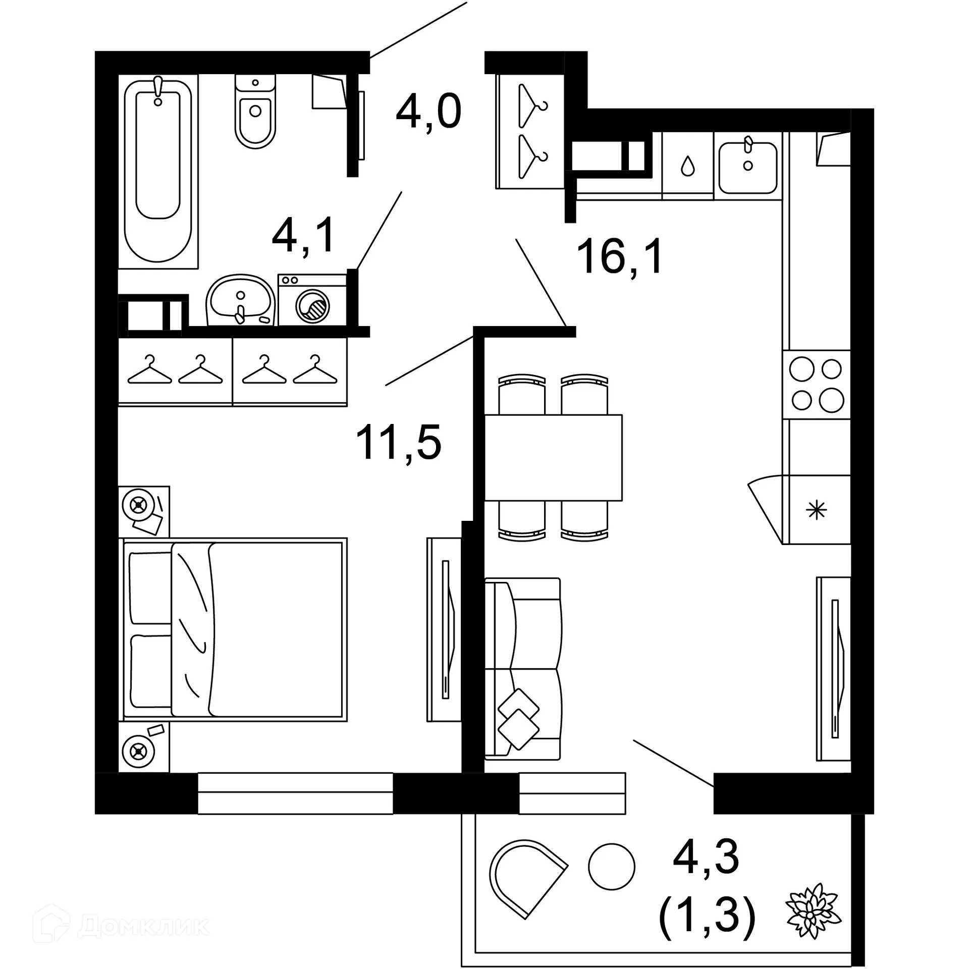 Планировка 1-комнатной квартиры 37 м² в ЖК ФЛОРА, г. Сочи — фото 1