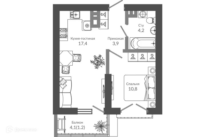 Планировка 1-комнатной квартиры 37.8 м² в ЖК ФЛОРА, г. Сочи — фото 1