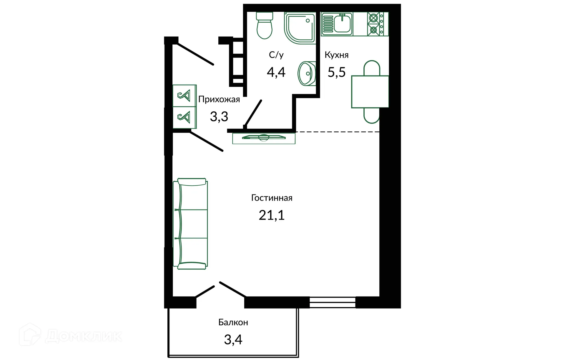 Планировка студии квартиры 37.7 м² в ЖК ФЛОРА, г. Сочи — фото 1