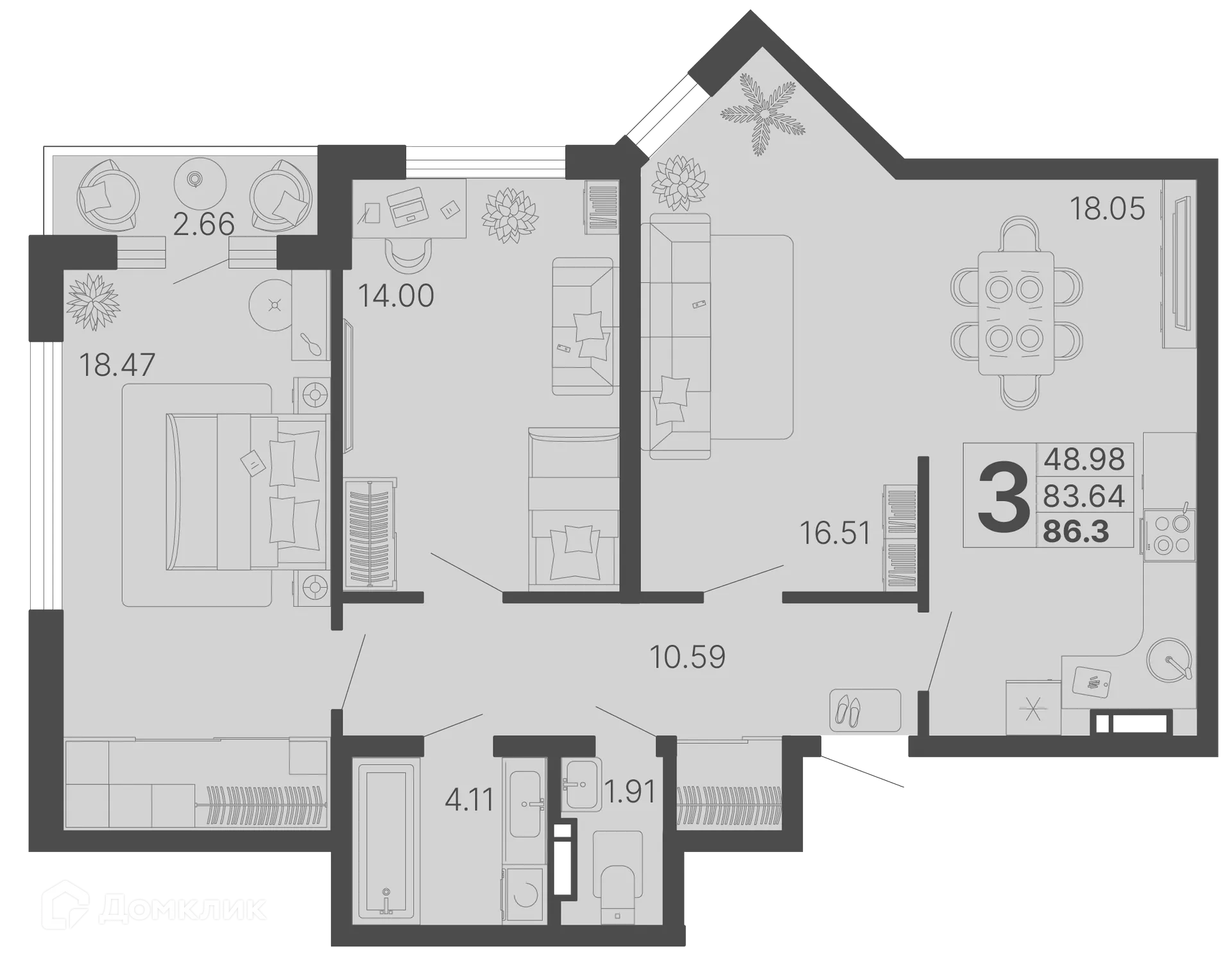 Планировка 3-комнатной квартиры 84.97 м² в ЖК Светский лес, г. Сочи — фото 1