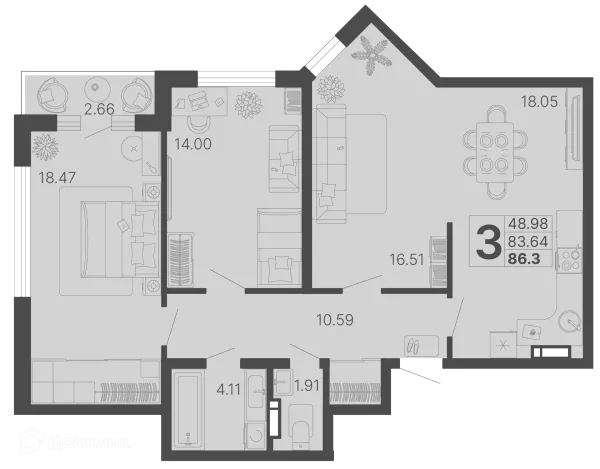 Планировка 3 комн. в ЖК Светский лес