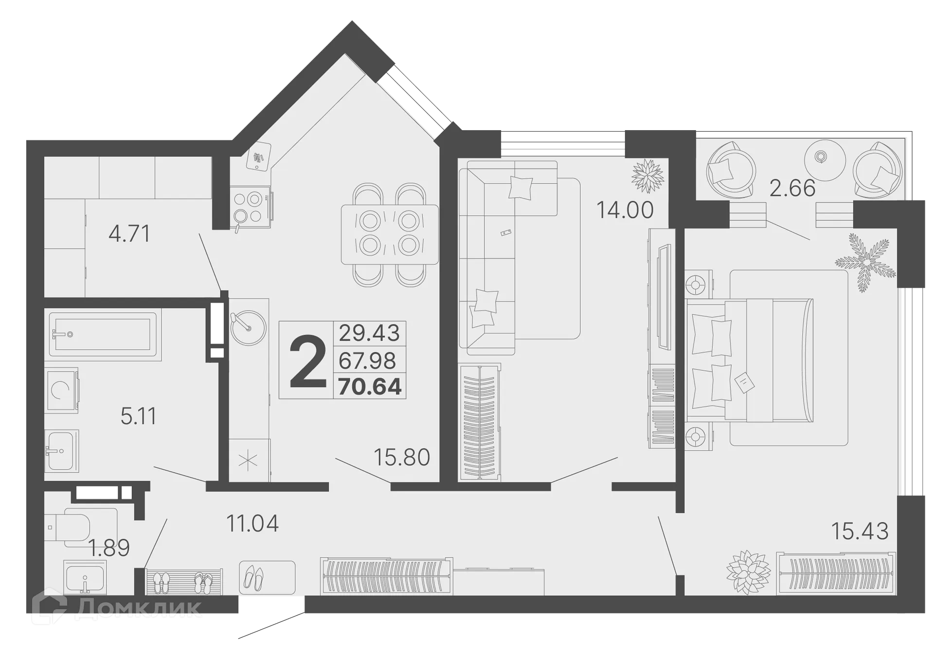 Планировка 2-комнатной квартиры 69.31 м² в ЖК Светский лес, г. Сочи — фото 1