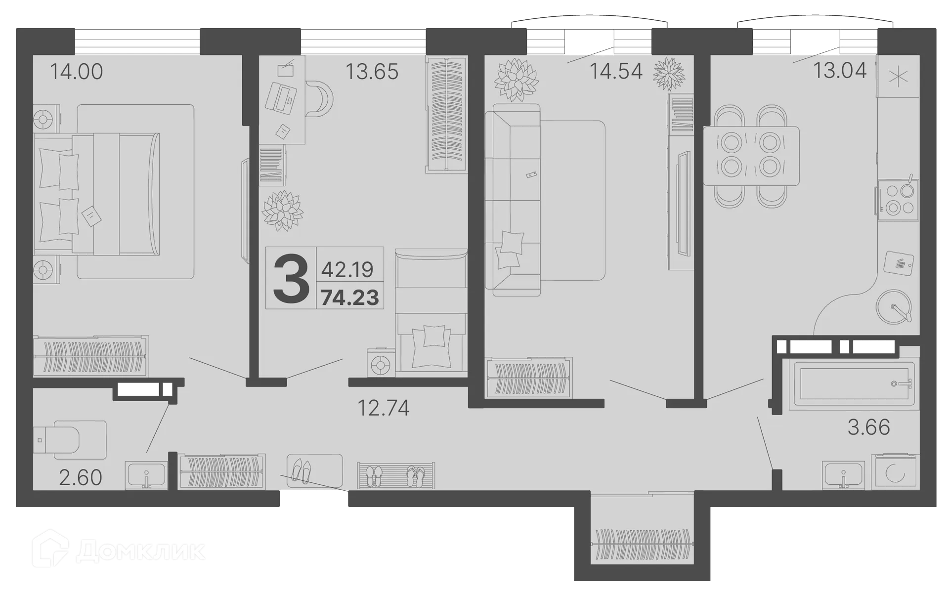 Планировка 3-комнатной квартиры 74.23 м² в ЖК Светский лес, г. Сочи — фото 1