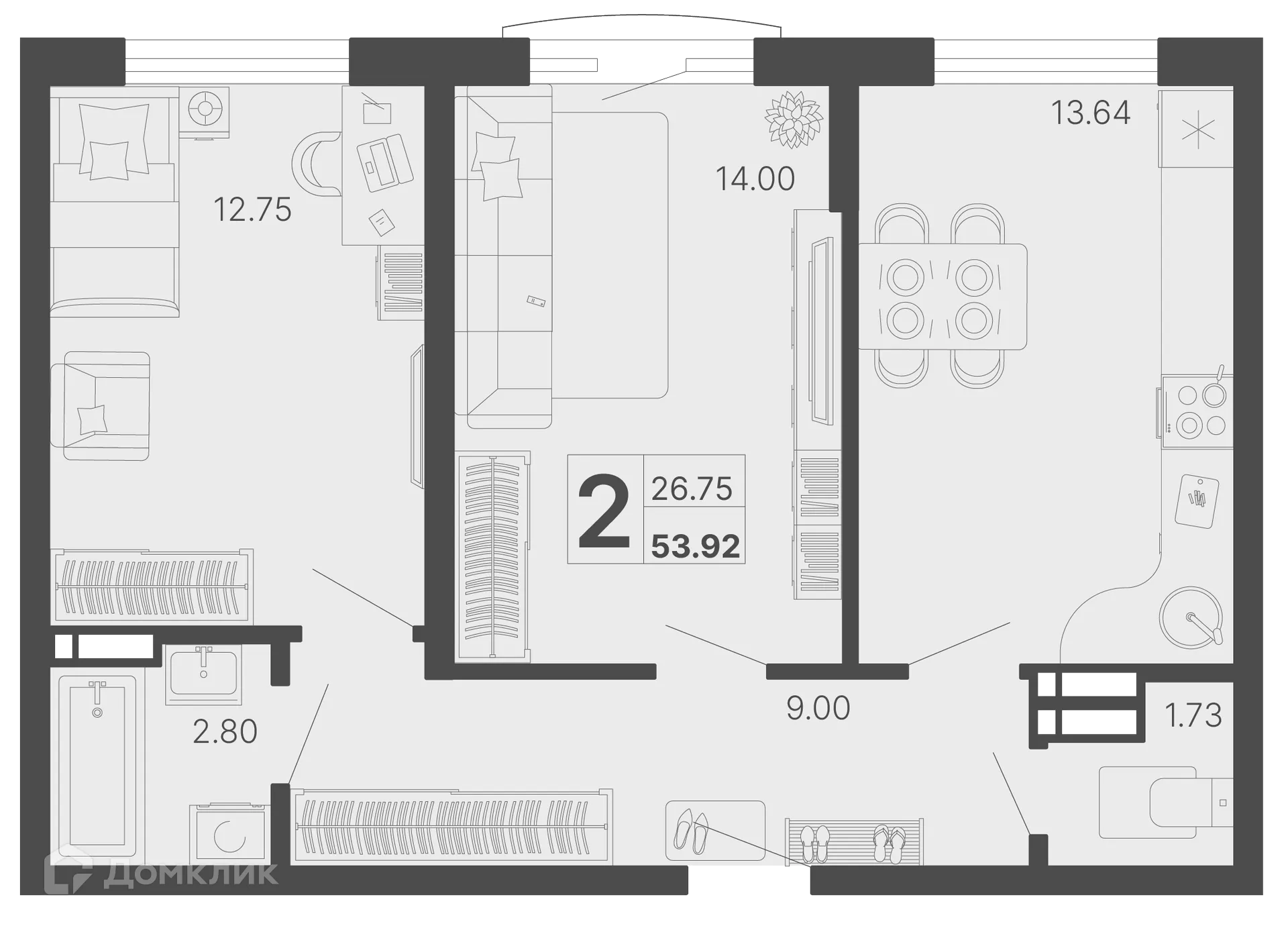Планировка 2-комнатной квартиры 53.92 м² в ЖК Светский лес, г. Сочи — фото 1