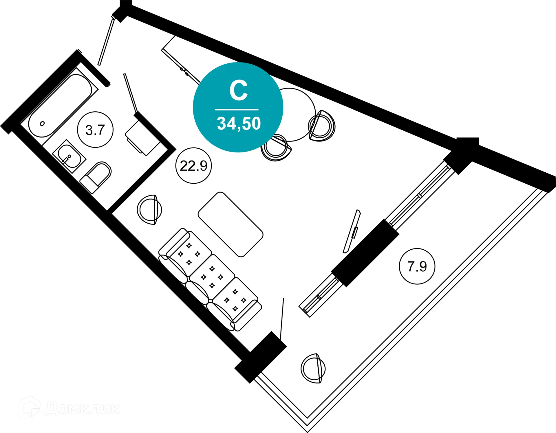 Планировка 1-комнатной квартиры 34.5 м² в ЖК Гостиничный комплекс "Нескучный сад", г. Сочи — фото 1