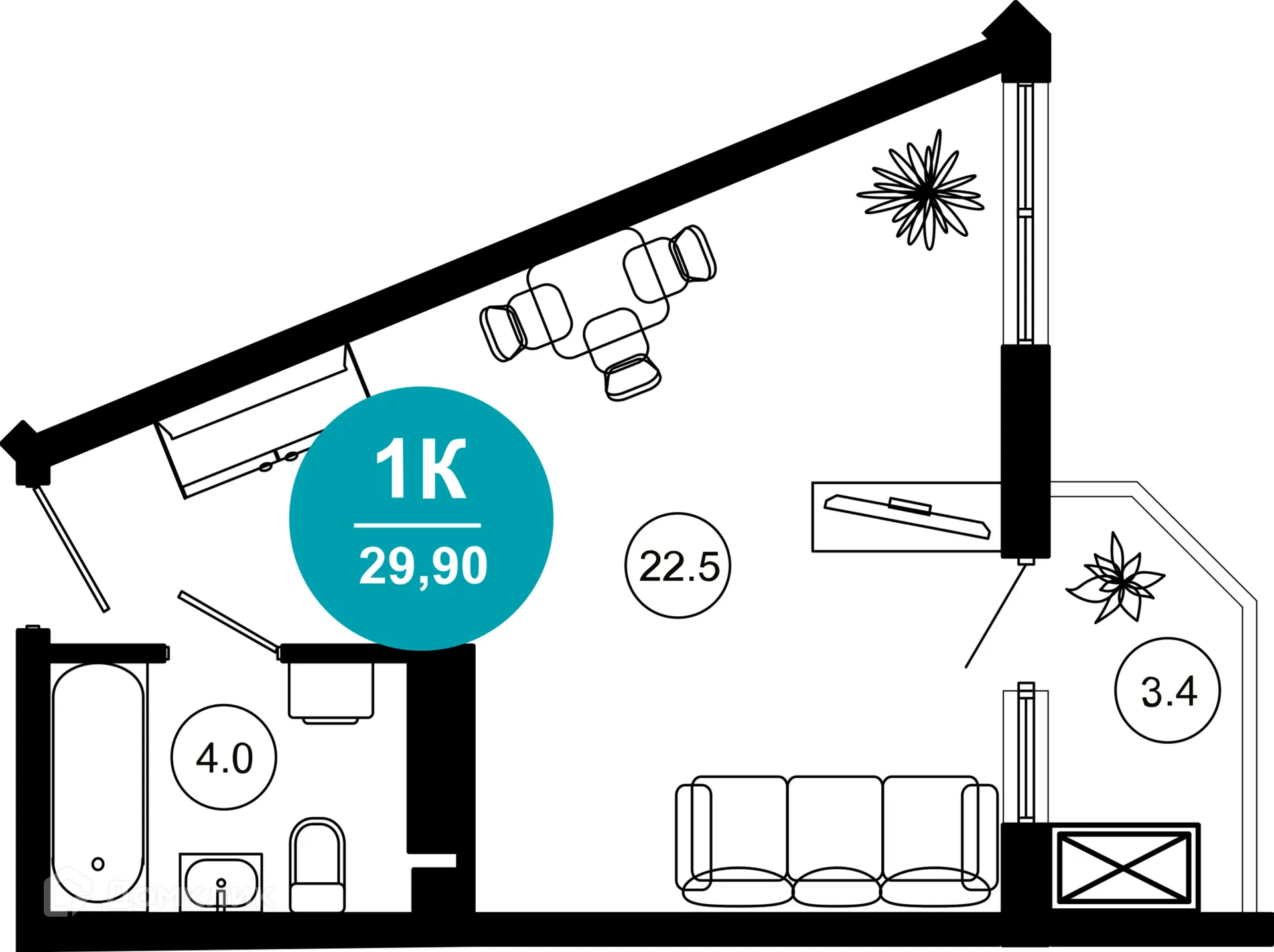Планировка 1-комнатной квартиры 29.9 м² в ЖК Гостиничный комплекс "Нескучный сад", г. Сочи — фото 1
