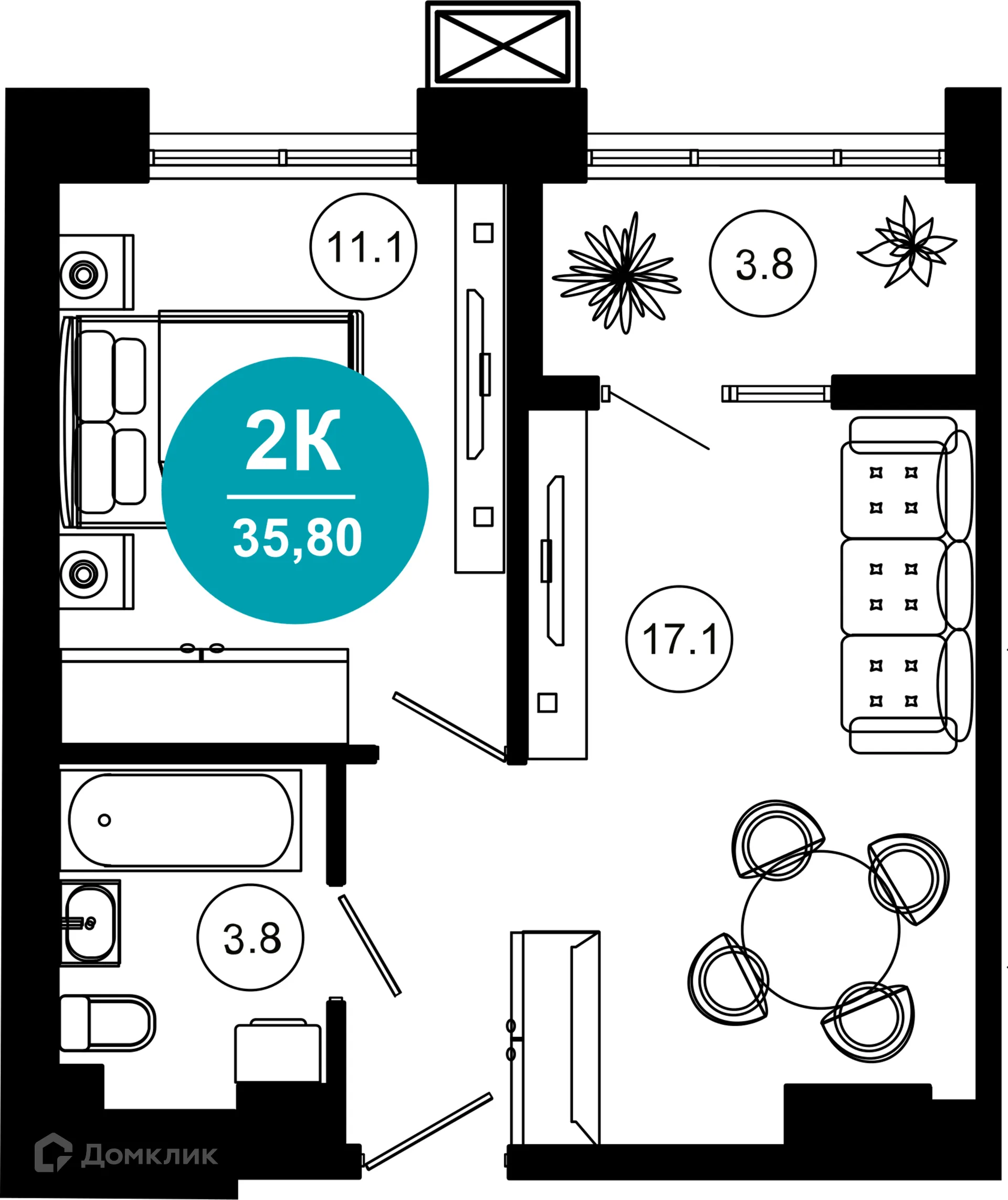 Планировка 2-комнатной квартиры 35.8 м² в ЖК Гостиничный комплекс "Нескучный сад", г. Сочи — фото 1