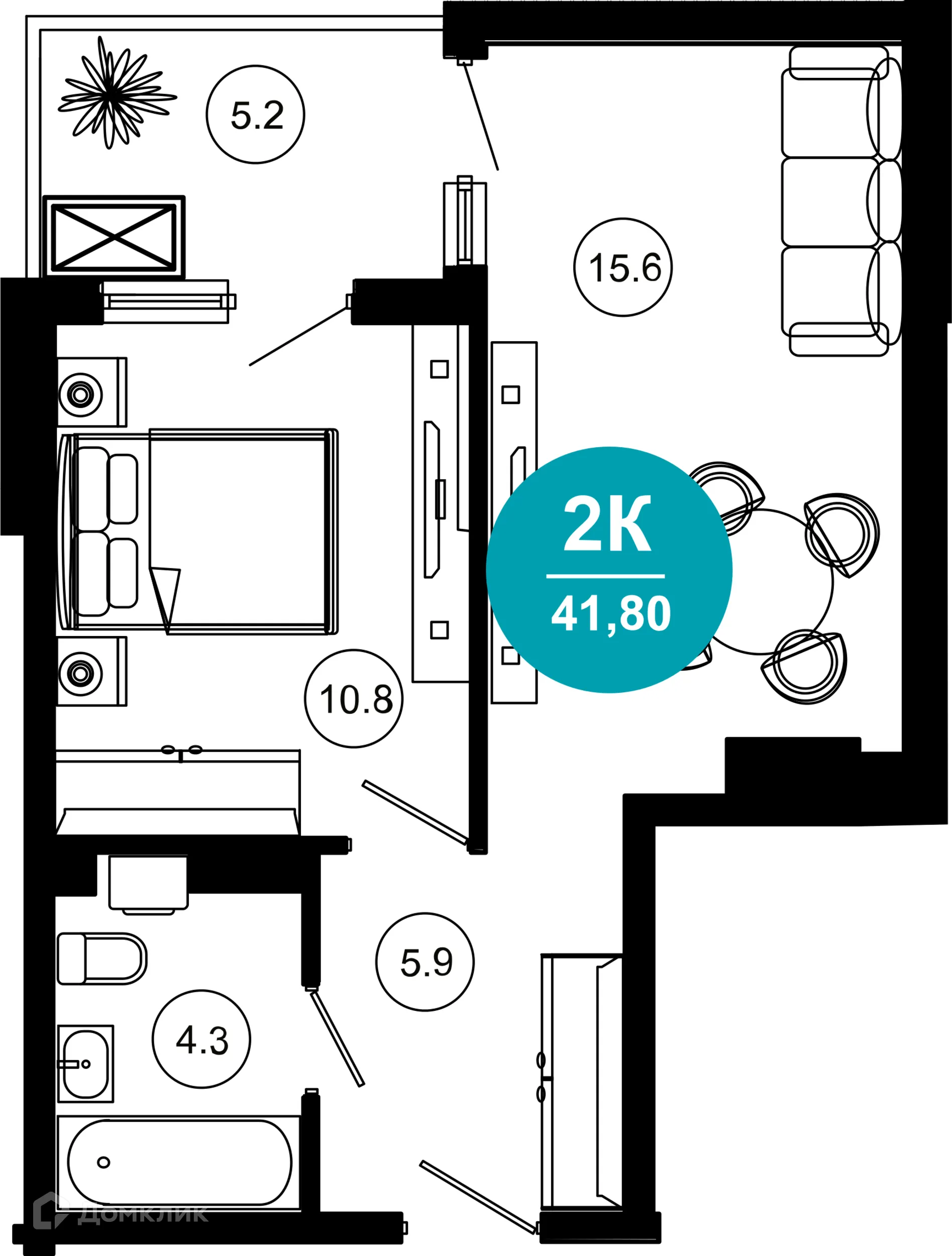 Планировка 2-комнатной квартиры 41.8 м² в ЖК Гостиничный комплекс "Нескучный сад", г. Сочи — фото 1