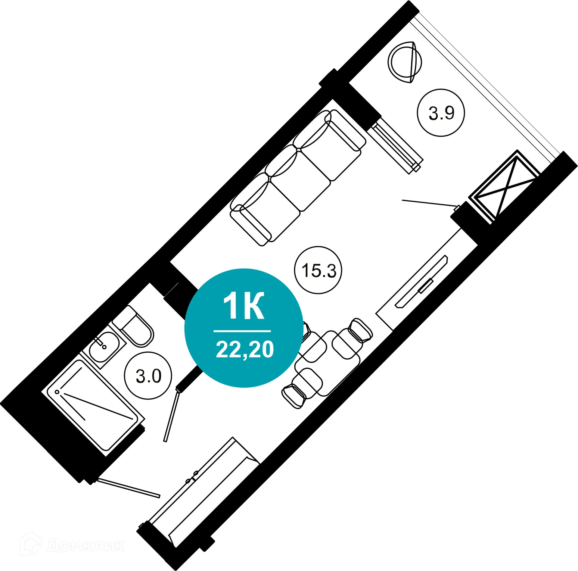 Планировка 1-комнатной квартиры 22.2 м² в ЖК Гостиничный комплекс "Нескучный сад", г. Сочи — фото 1
